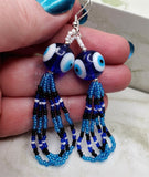 Lampwork Style Blue and White Evil Eye Bead Earrings with Seed Bead Dangles