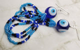 Lampwork Style Blue and White Evil Eye Bead Earrings with Seed Bead Dangles