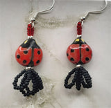 Porcelain Ladybug Bead Earrings with Black Matte Seed Bead Dangles