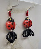 Porcelain Ladybug Bead Earrings with Black Matte Seed Bead Dangles