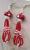 Red Cap Lampwork Style Mushroom Bead Earrings with Red and White Seed Bead Dangles