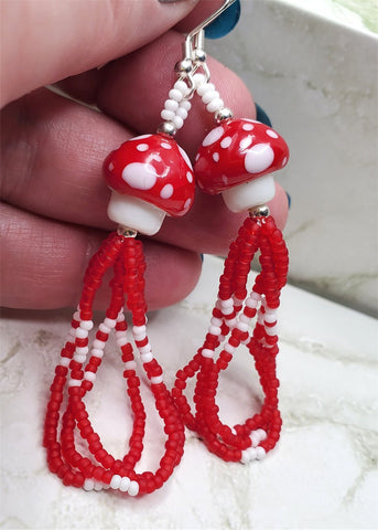 Red Cap Lampwork Style Mushroom Bead Earrings with Red and White Seed Bead Dangles