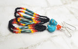 Turquoise Dyed Magnesite Skull Earrings with Seed Bead Dangles