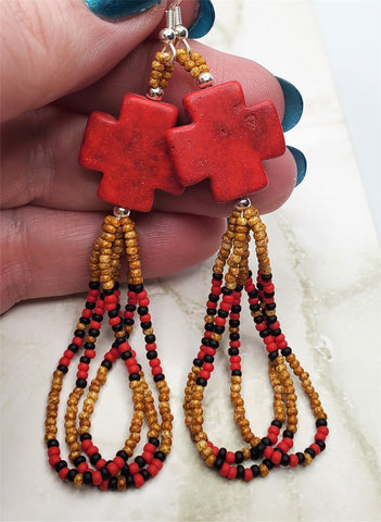 Red Magnesite Cross Bead Earrings with Seed Bead Dangles