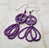 Purple Dyed Magnesite Peace Sign Bead Earrings with Metallic Purple Seed Bead Dangles