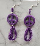 Purple Dyed Magnesite Peace Sign Bead Earrings with Metallic Purple Seed Bead Dangles