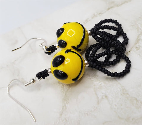 Happy Face Lampwork Style Glass Bead Earrings with Black Seed Bead Loop Dangles