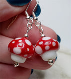 Lampwork Style Red Cap with White Spots Mushroom Glass Bead Earrings