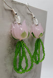 Lampwork Style Pink Tulip Glass Bead Earrings with Green Seed Bead Dangles