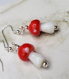 Lampwork Style Red Cap with White Spots Mushroom Glass Bead Earrings