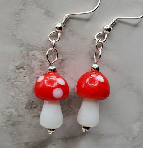 Lampwork Style Red Cap with White Spots Mushroom Glass Bead Earrings