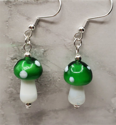 Lampwork Style Green Cap Mushroom Glass Bead Earrings