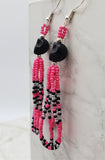 Black Dyed Magnesite Skull Earrings with Pink, Black and Silver Seed Bead Dangles