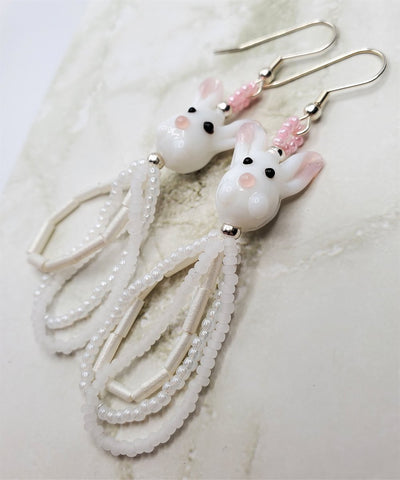 Lampwork Style Glass Bunny Earrings with White Bead Dangles