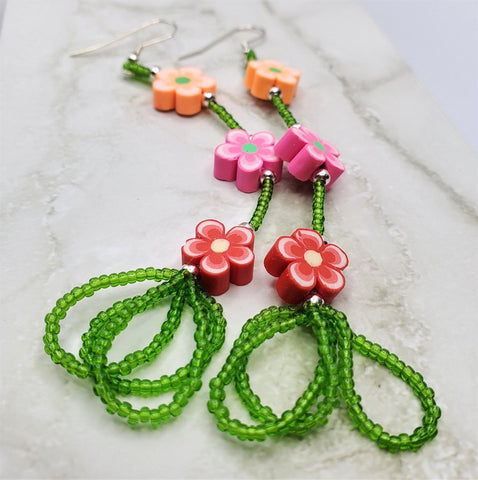 Fimo Flower Dangle Earrings with Green Seed Bead Stem