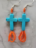 Turquoise Dyed Magnesite Cross Bead Earrings with Orange Seed Bead Dangles