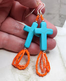 Turquoise Dyed Magnesite Cross Bead Earrings with Orange Seed Bead Dangles