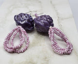 Large Purple Porcelain Rose Glass Bead Earrings with Purple Seed Bead Dangles