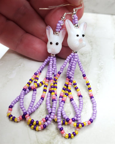Lampwork Style Bunny Earrings with Pastel Seed Bead Dangles