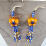 Yellow and Blue Glass Flower Bead Earrings with Seed Bead Dangles