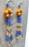 Yellow and Blue Glass Flower Bead Earrings with Seed Bead Dangles