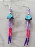 Teal Glass Flower Cap Bead Earrings with Pink and Purple Seed Bead Dangles