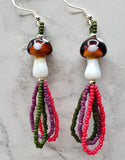 Brown Cap Lampwork Style Mushroom Bead Earrings with Seed Bead Dangles