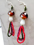 Brown Cap Lampwork Style Mushroom Bead Earrings with Seed Bead Dangles