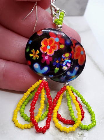 Flowery Shell Disc Bead Earrings with Seed Bead Dangles