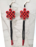 Red Dyed Magnesite Celtic Knot Bead Earrings with Black and Red Seed Bead Dangles