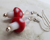 Lampwork Style Red Cap with White Spots Mushroom Glass Bead Earrings with Opal Swarovski Crystals