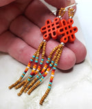 Orange Dyed Magnesite Celtic Knot Bead Earrings with Seed Bead Dangles