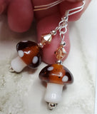 Lampwork Style Brown Cap with White Spots Mushroom Glass Bead Earrings with Metallic Sunshine Swarovski Crystals