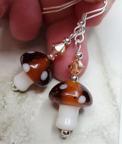 Lampwork Style Brown Cap with White Spots Mushroom Glass Bead Earrings with Metallic Sunshine Swarovski Crystals
