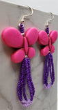 Pink Dyed Magnesite Butterfly Bead Earrings with Purple Seed Bead Dangles
