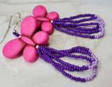 Pink Dyed Magnesite Butterfly Bead Earrings with Purple Seed Bead Dangles
