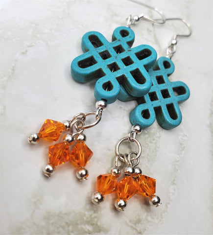 Turquoise Dyed Magnesite Celtic Knot Bead Earrings with Orange Swarovski Crystal Dangles