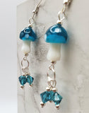 Lampwork Style Teal Cap with White Spots Mushroom Glass Bead Earrings with Teal Swarovski Crystal Dangles