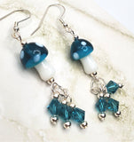 Lampwork Style Teal Cap with White Spots Mushroom Glass Bead Earrings with Teal Swarovski Crystal Dangles
