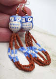 Blue and White Ceramic Owl Earrings with Terracotta, Periwinkle, and White Seed Beads