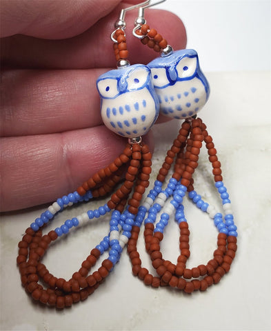 Blue and White Ceramic Owl Earrings with Terracotta, Periwinkle, and White Seed Beads