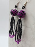 Purple and Black Zebra Striped Glass Bead Earrings with Seed Bead Dangles