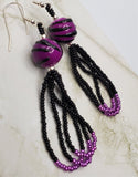 Purple and Black Zebra Striped Glass Bead Earrings with Seed Bead Dangles