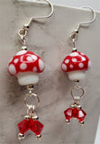 Lampwork Style Red Cap with White Spots Mushroom Glass Bead Earrings with Red Swarovski Crystal Dangles