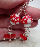 Lampwork Style Red Cap with White Spots Mushroom Glass Bead Earrings with Red Swarovski Crystal Dangles