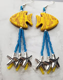 Yellow Dyed Magnesite Fish Bead Earrings with Seed Bead and Metal Starfish Charm Dangles