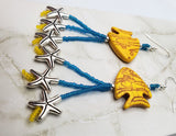 Yellow Dyed Magnesite Fish Bead Earrings with Seed Bead and Metal Starfish Charm Dangles