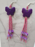 Purple Dyed Magnesite Butterfly Bead Earrings with Rose Seed Bead and Purple Fimo Clay Flower Dangles