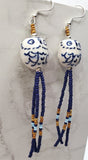 White and Blue Ceramic Owl Earrings with Cobalt Blue, Travertine Dyed, and Light Blue Seed Bead Dangles
