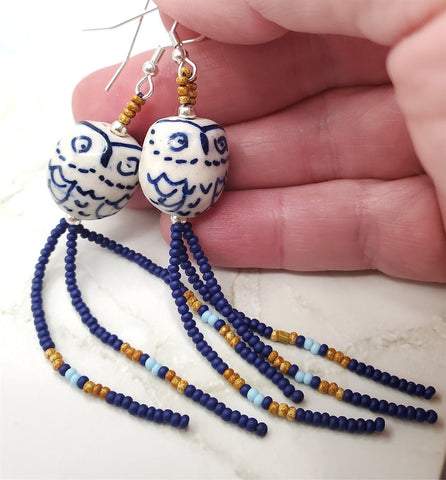 White and Blue Ceramic Owl Earrings with Cobalt Blue, Travertine Dyed, and Light Blue Seed Bead Dangles